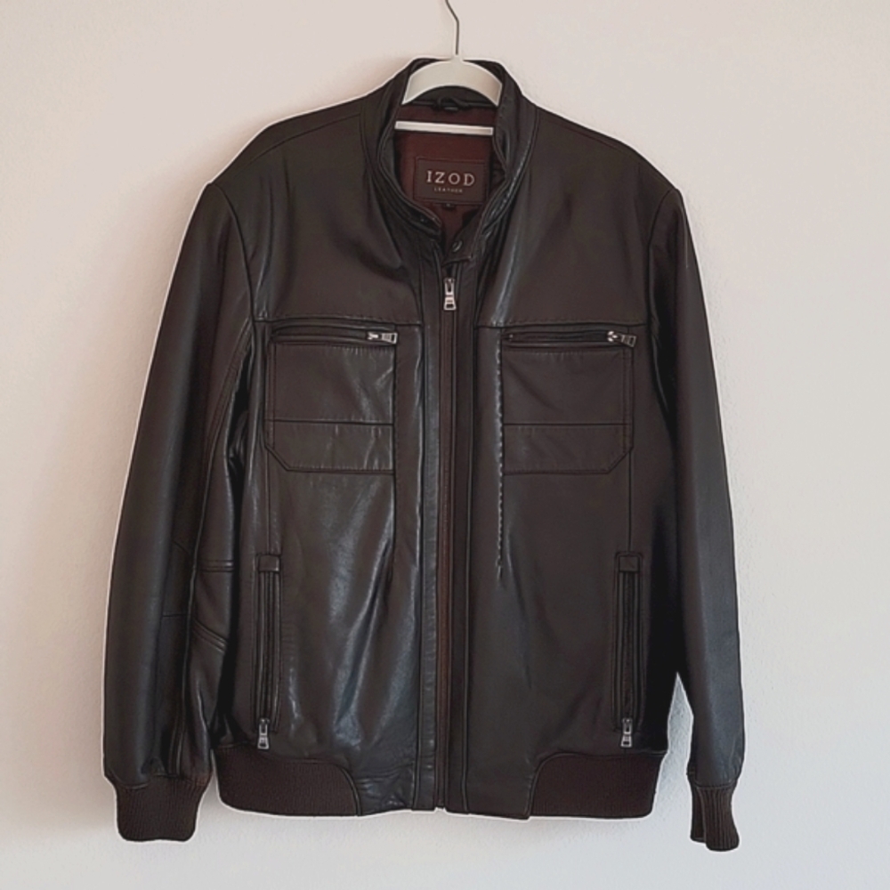 IZOD Mens Leather Brown Bomber Jacket. Size Large.